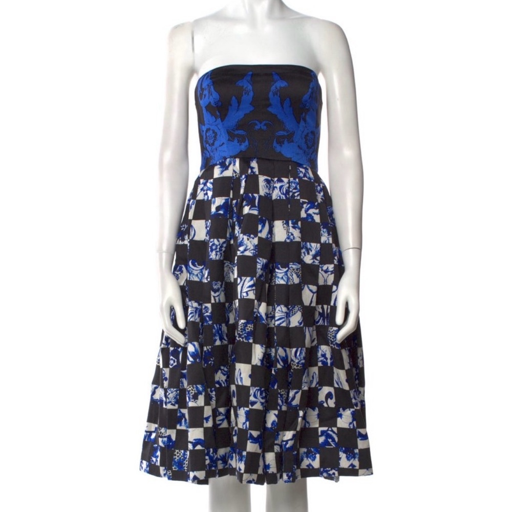 Tibi Strapless Blue and Black Patterned Midi Dress